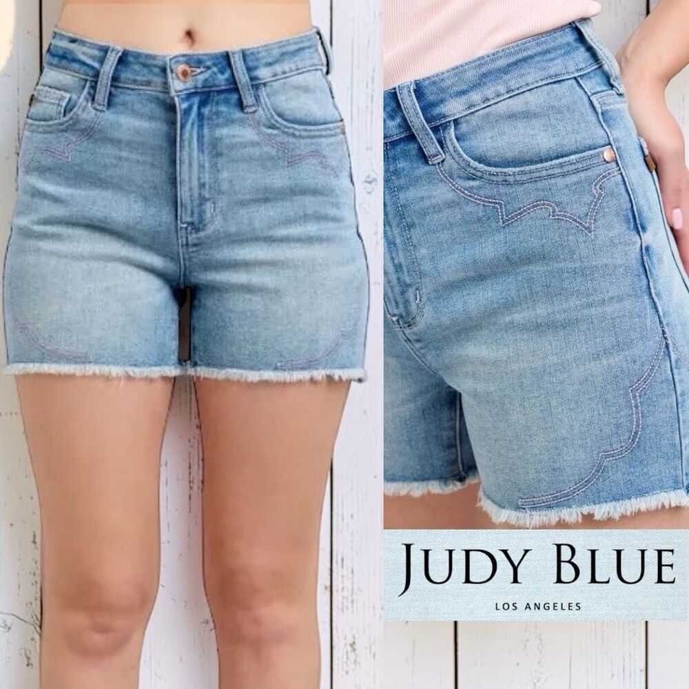 Judy Blue High Rise Cut Off Shorts Western Embroidery Detail Stretch Denim NWT - Picture 2 of 12